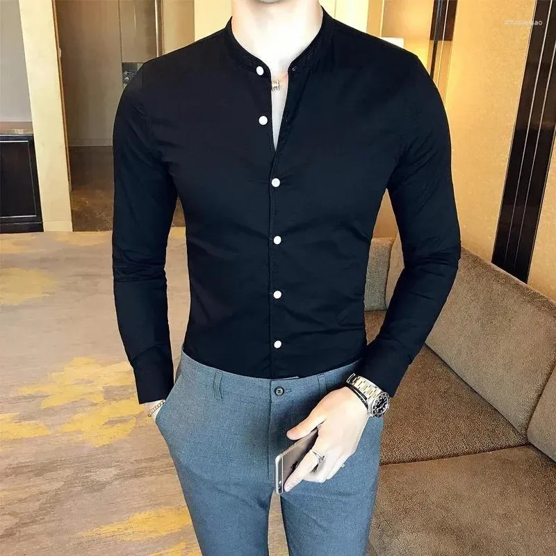 Camisas casuais masculinas Stand colar camisa chinesa Autumn Sleeved Boutique Cotton Cotton Slim Classic Green Business Formal