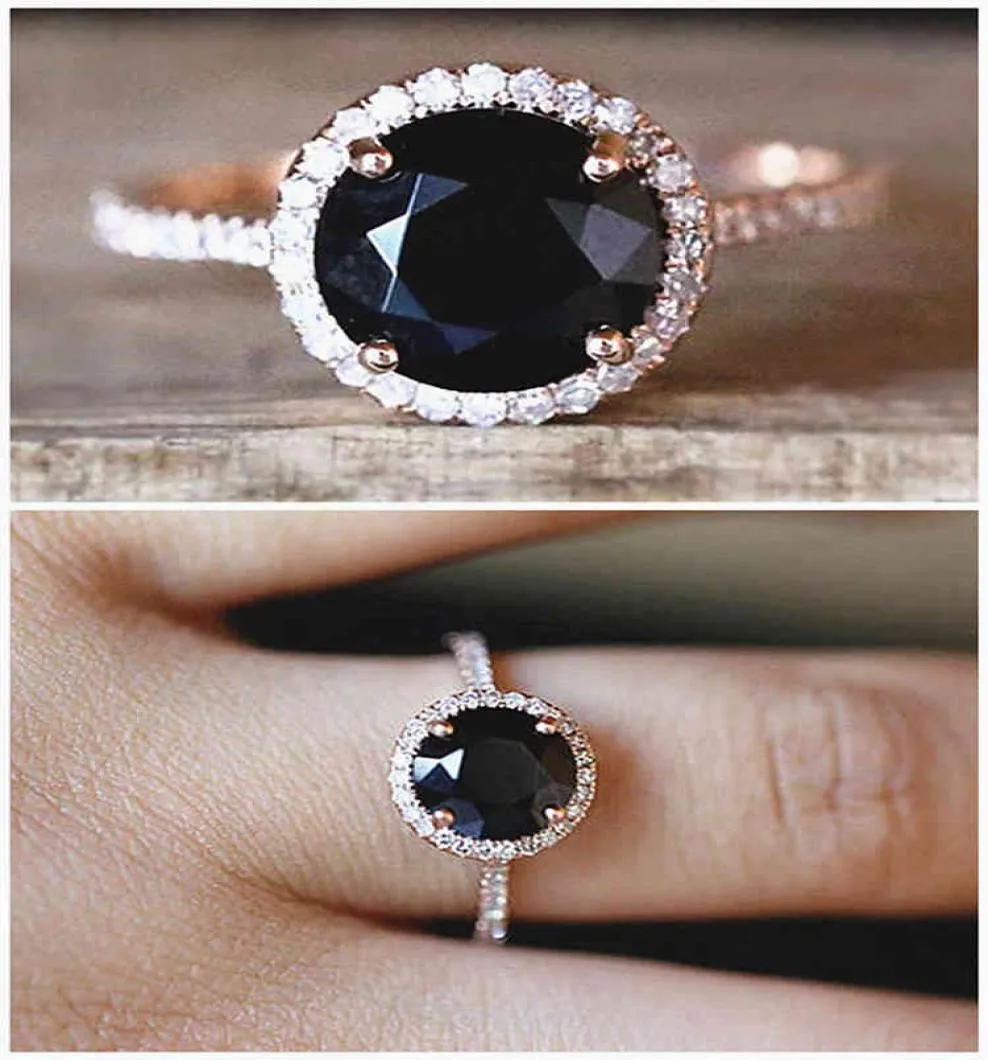 Fashion Black Crystal Zirkon Diamonds Gemstones Rings For Women Rose Gold Tone Sieraden Bijoux Bague Party Accessoires Geschenken 6910048