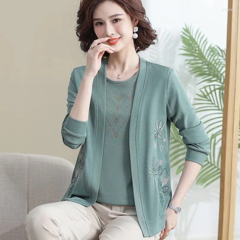 Kvinnors stickor vår och hösten casual tröja Moderkläder Tvådelar Set Women Sweaters Chinese Style Bottoming Cardigan 5xl
