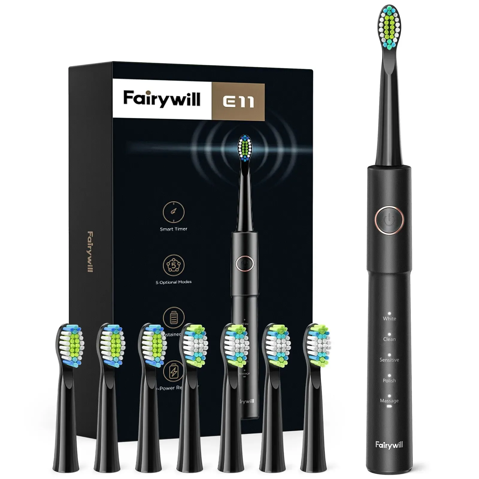Fairywill Sonic Electric Toothbrush E11 Imper impermeável USB Carga recarregável 8 cabeças de substituição de escova adulto 240511