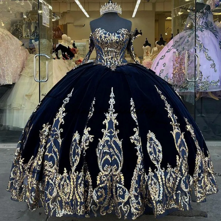 Navy Blue Velvet Princess Quinceanera Dress Ball Gown Sequins Lace Applique Vestido Mexicano Style Sweet 15 Prom Gown 2798