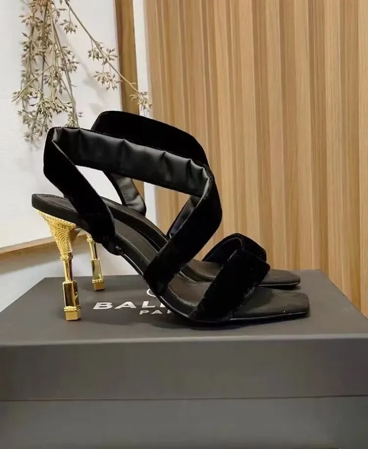 Elegant Strappy Slingback Pumps: Black Velvet Sandals with Sculpted Gold  Heels Evening Wedding Ready, EU 35-40 - Main Image