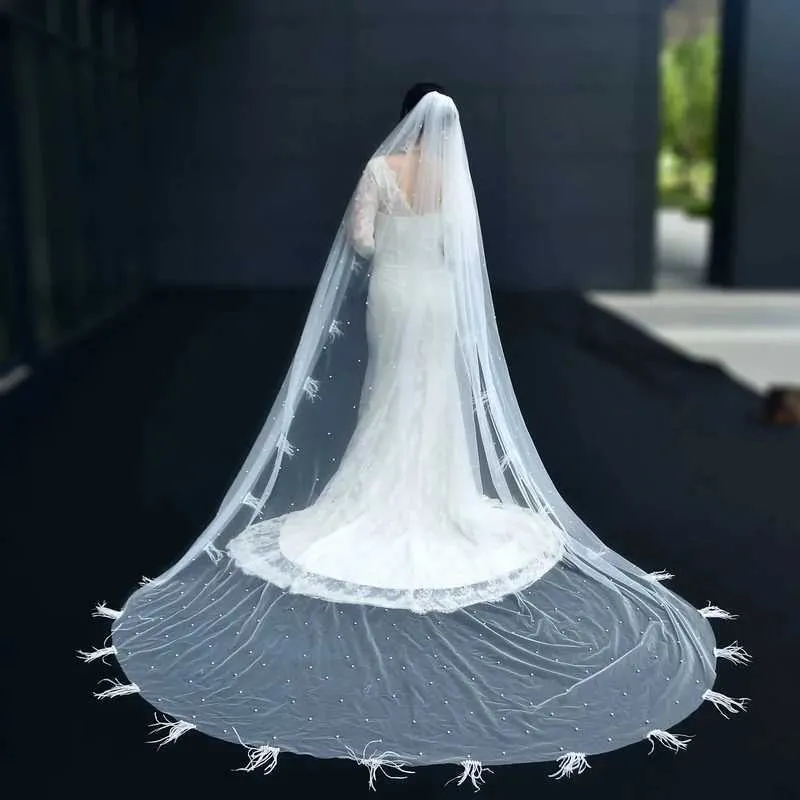 Jewelry V23 Cathedral Wedding Comb 1 Tier Veil with Feather Beading White Bridal Hair Accessories for Bride_voghion.com