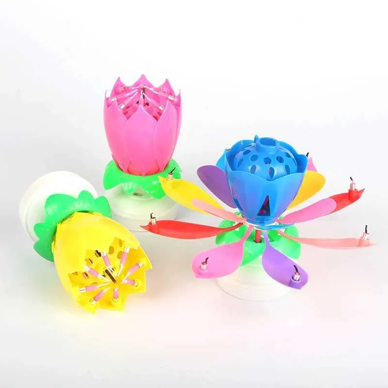 5pcs bougies musicales rotatives lotus fleur d'anniversaire gâteau bougie légère joyeux anniversaire bricolage gâteau décoration fête des fêtes de mariage