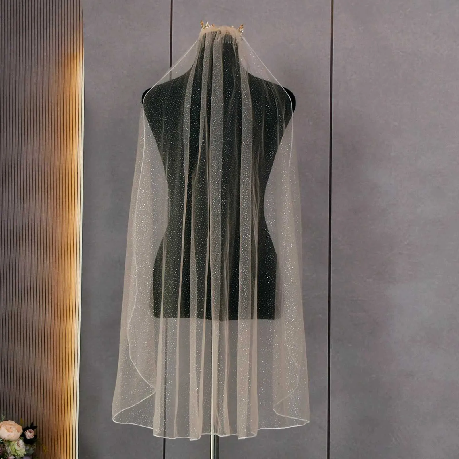 Hair Jewelry V100 Sparking Veil Short Bridal Veils 1 Tier Pencil Edge Soft Tulle Champagne Wedding Accessories for Bride_voghion.com