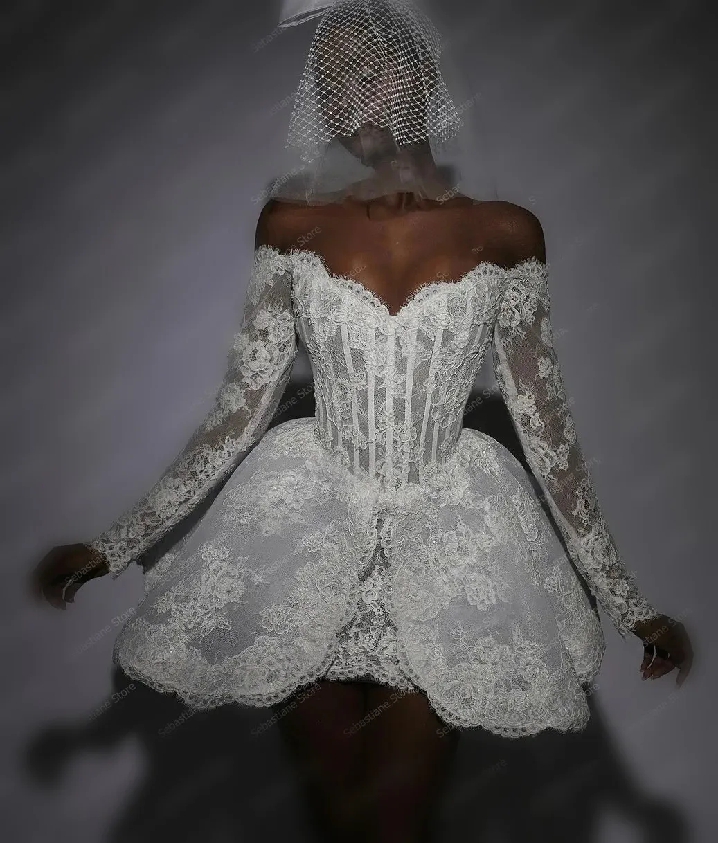 2024 Klasyczne krótkie koronkowe sukienki ślubne Off the ramion długie złudzenie Slewa Bride Gowns Country Bridal Sukienka Vestido de novia szat Mariee