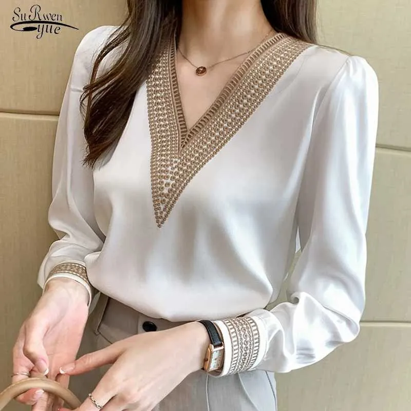 White Chiffon Blouse Women Long Sleeve V Neck Casual Loose Office Shirt ...