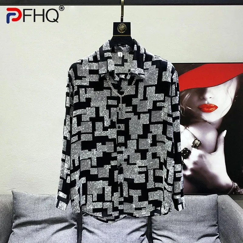 PFHQ Trendy drukowane wzór oryginalny niszowy design męskie koszule długie rękawy Wysokiej jakości eleganckie luksusowe topy społecznościowe 240511