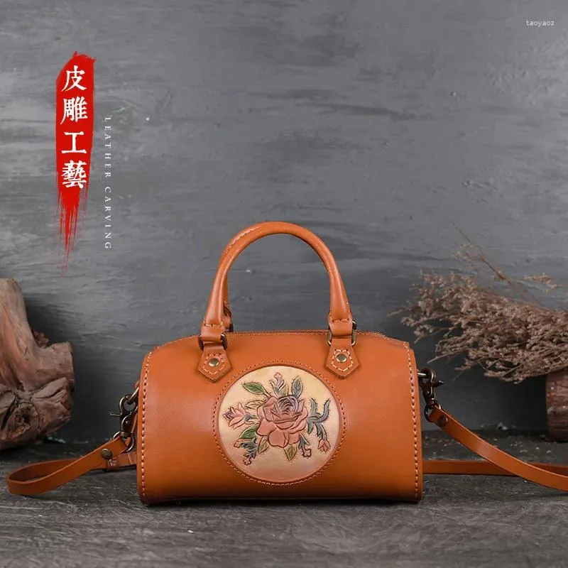 Bag Luxury Handmade Hand Painted Ladies Handbag European Leather Carving Craft Flowers Genuine Cow Shoulder Bags