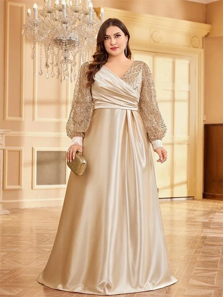 DHgate.com:Luxury Gold Sequin Maxi Dress: V-Neck Evening Gown for Plus Size  Women:Apparel