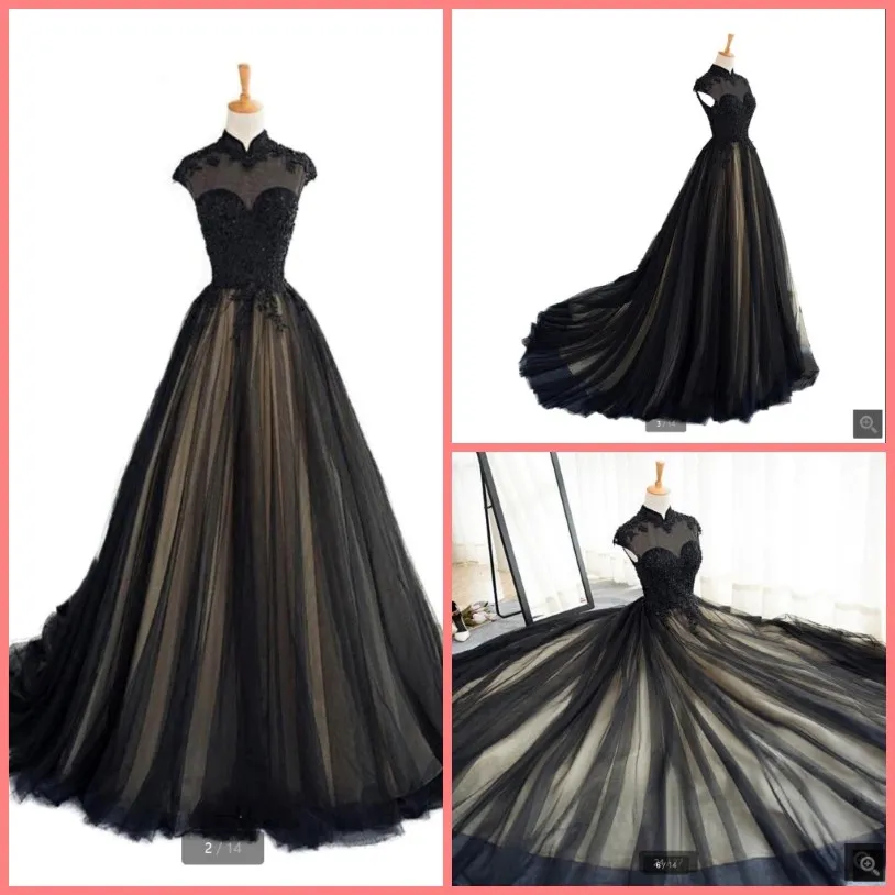 2021 Real Picture black champagne tulle a line prom dress high neckline cap sleeve modest lace appliques prom gowns beaded muslim dress 267L