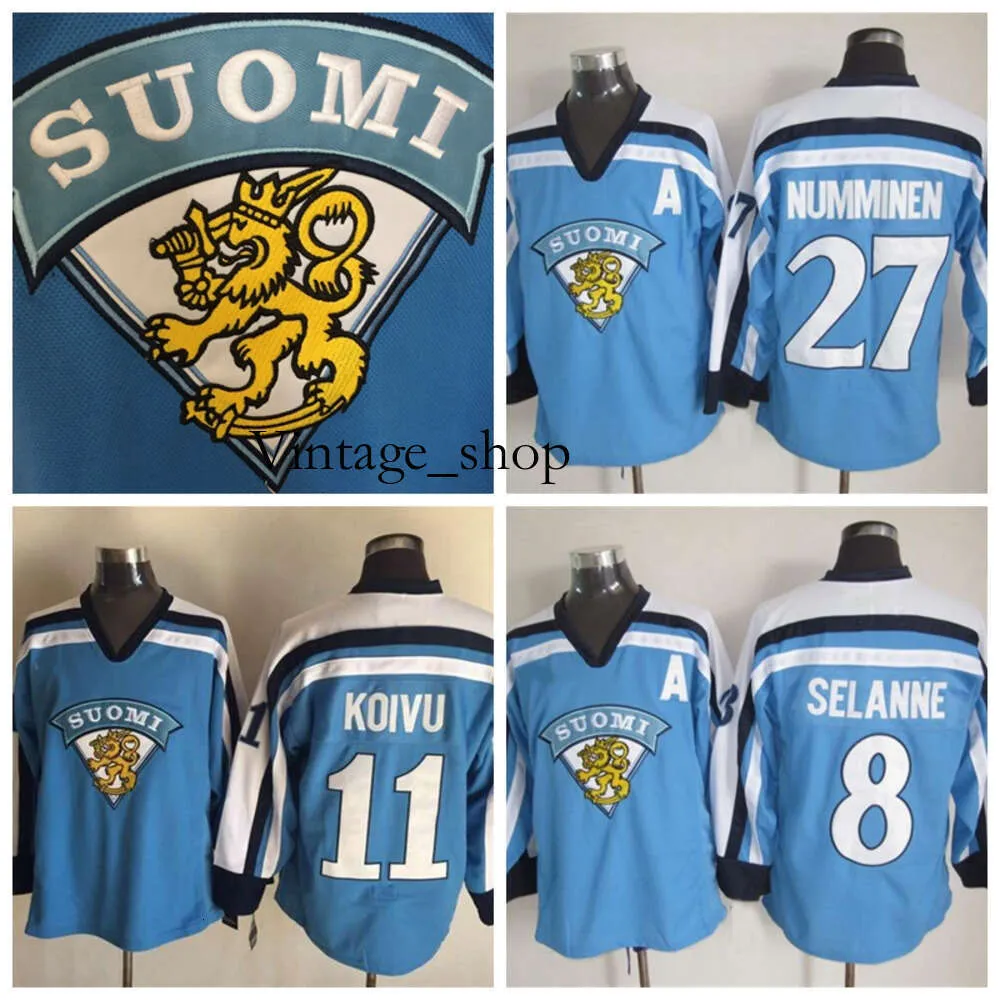 VIN 1998 Team Finland 11 Saku Koivu Retro Hockey Jerseys 8 Teemu Selanne 27 Teppo Numminen Vintage Blue Blue Hockey Jersey 2002 M-XXXL