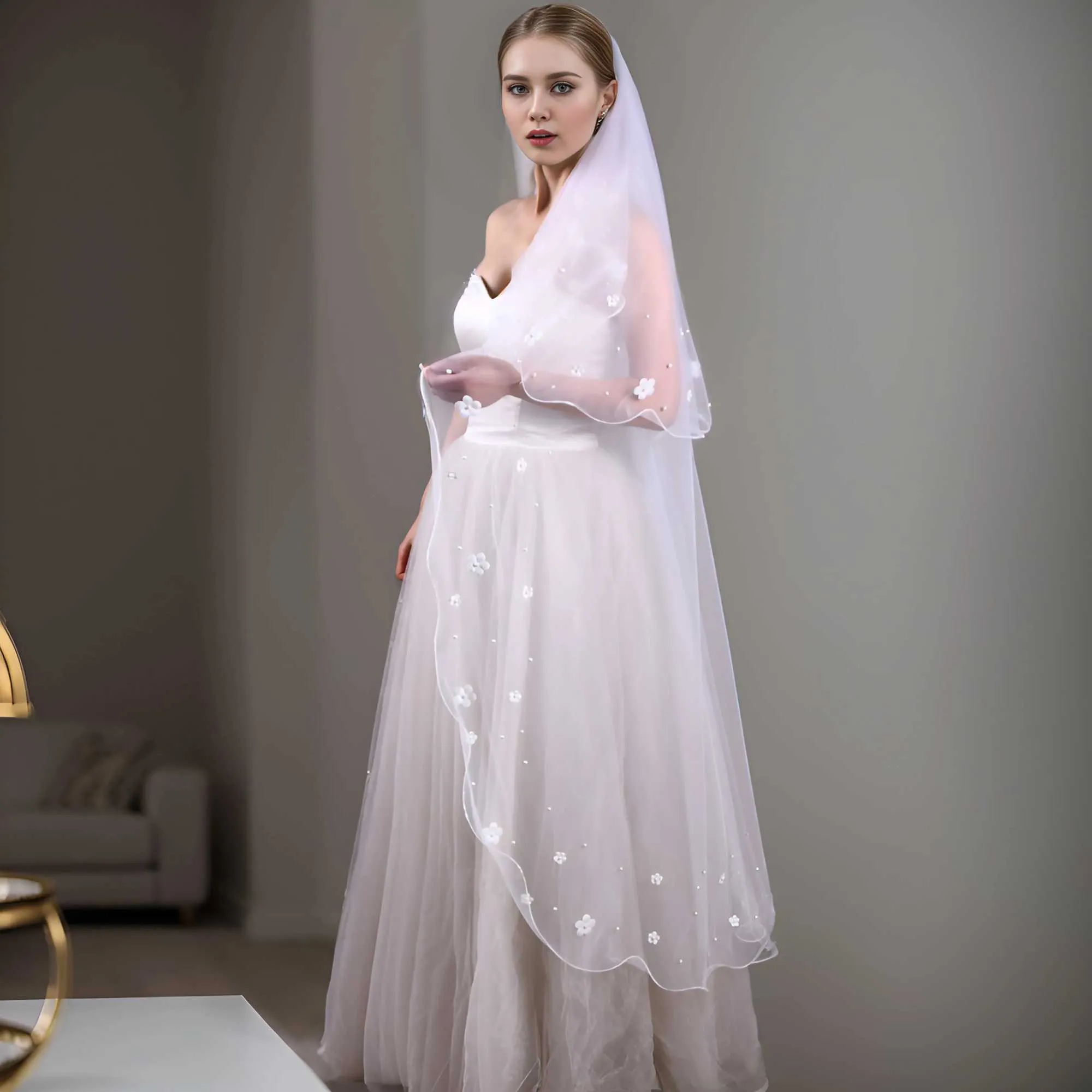 Bijoux pour cheveux V217 2 niveaux de voile de perles couvrant le visage fleurs 3D voiles de mariée en tulle souple avec peigne longs accessoires de mariage_voghion.com