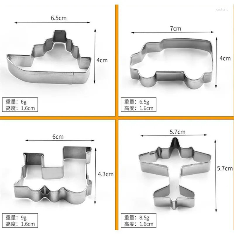 Bakningsverktyg 4st fordonskakor i rostfritt stål klippt godis kex mögel matlagning bil tågfartyg konditory kaka fondant cutters mögel