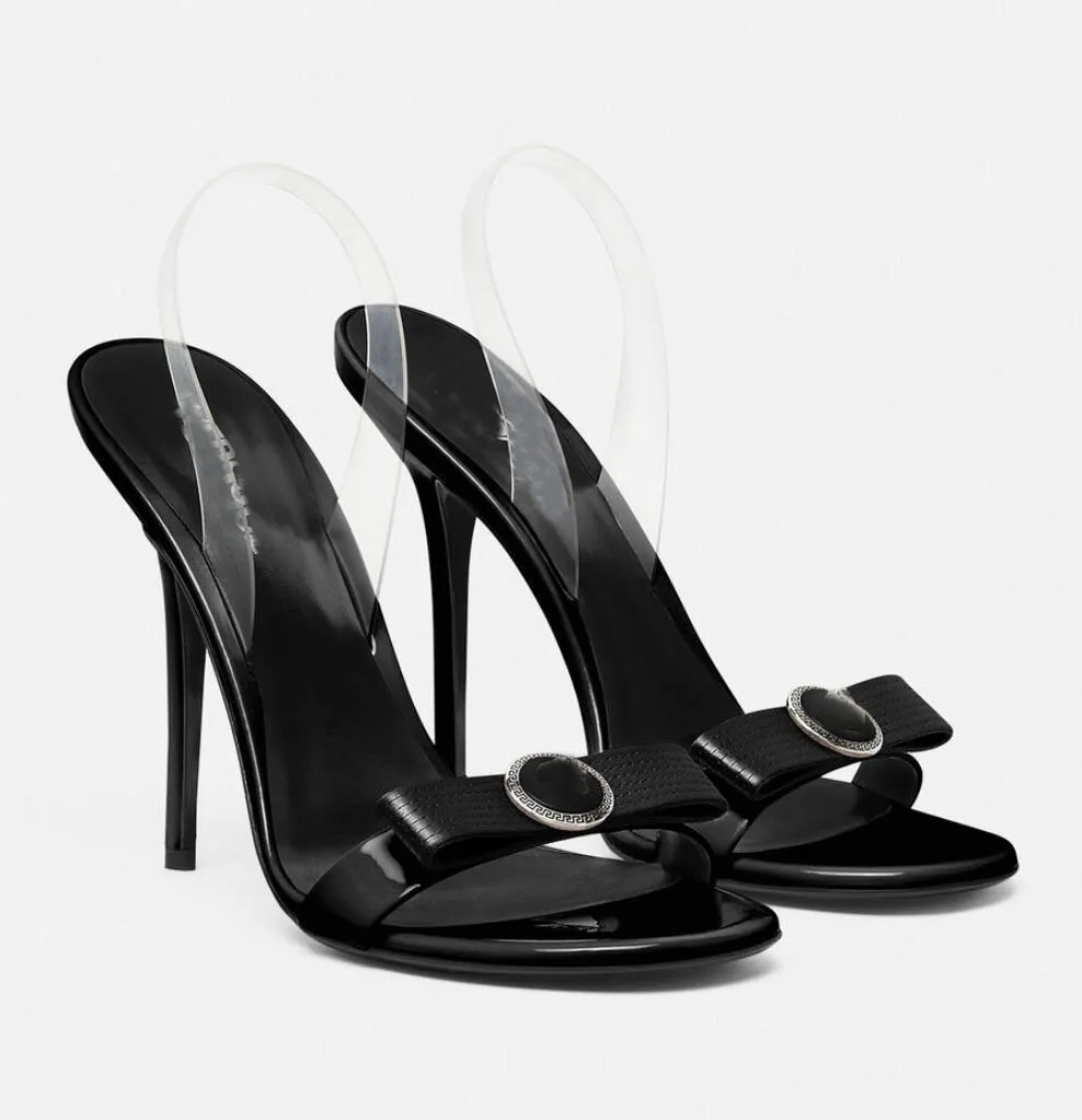 Włochy projektant Gianni Ribbon Buty sandałowe Pvc Slingback Strapy Bow Stiletto Obcina Lady Bridal Wedding Elegancki sandalias EU35-43 Oryginalne pudełko