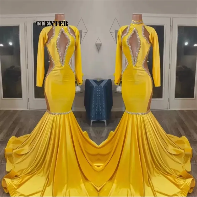2023 Yellow Gold Prom -klänningar för svarta flickor Afrikansk festklänning långärmad specialstillfälle Evening Gown Merraid Robe de Femme GW021 230I
