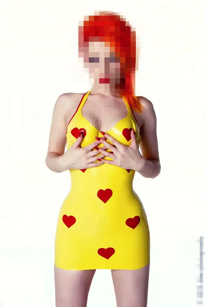 Latex Sexy Femmes Jaune et Robe rouge Souchée de couches de couches