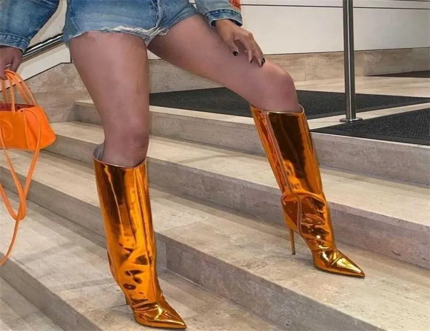 Metalowe skórzane kobiety kolanowe buty szpilki obcasy spiczasty palec u nóg moda butę imprezową nocny klub odblaskowy Mujer 2201156312190