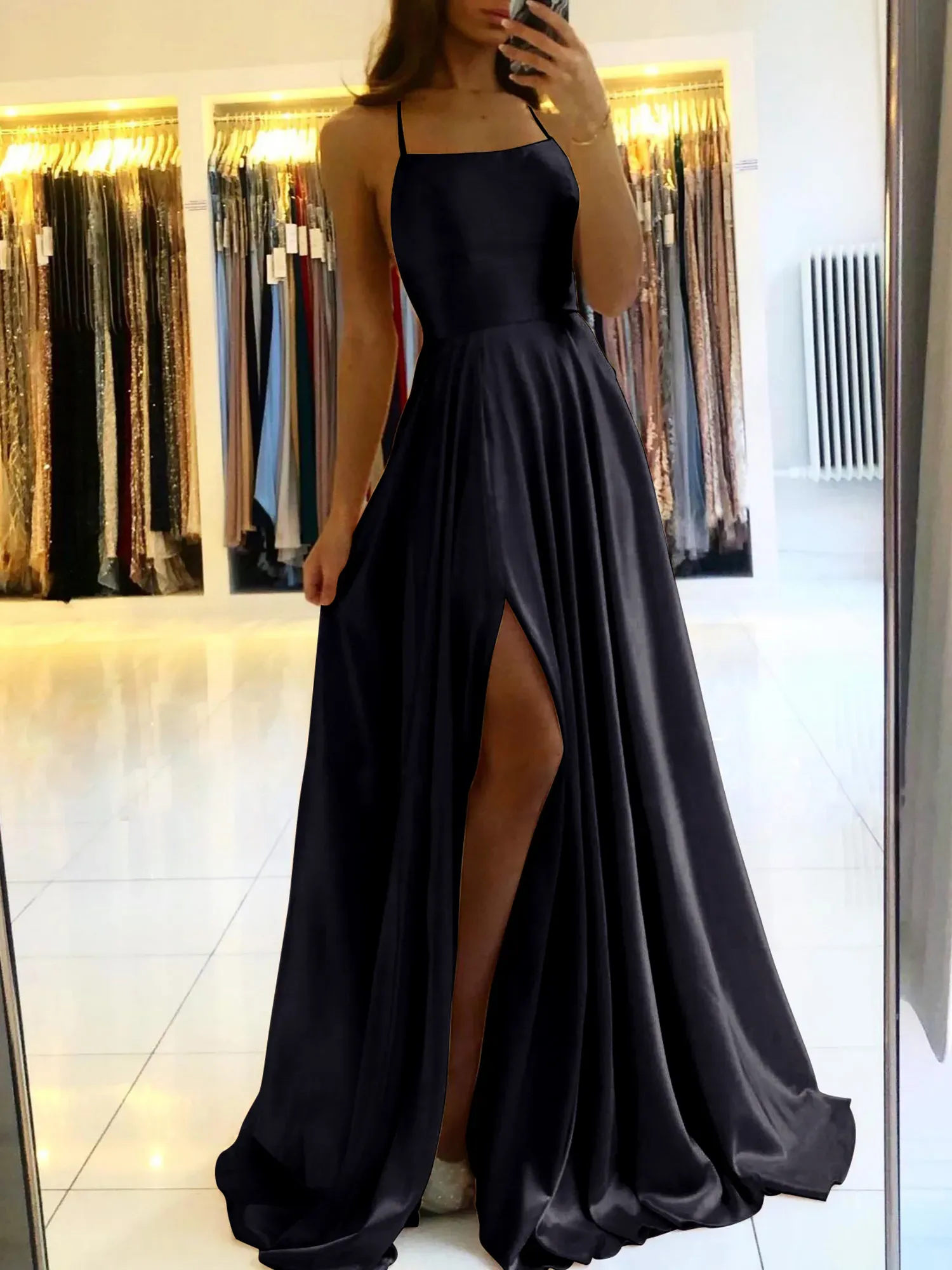 Straps Long A-line Side Slit Elastic Satin Prom Dresses Straps Long A-line Side Slit Elastic Satin Prom Dresses