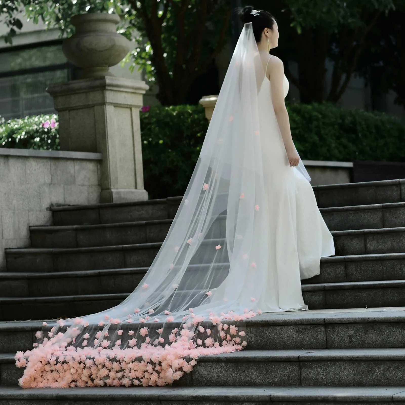 Hair Jewelry V95 Wide Pink Flower Appliqued Wedding Veil Long Cathedral Style Illusion 2 Tier with Comb Bridal_voghion.com