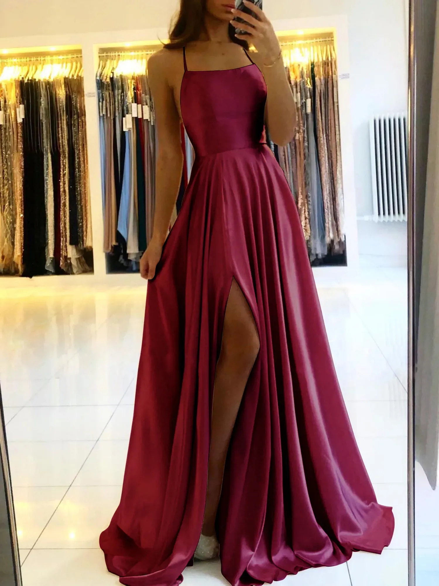 Straps Long A-line Side Slit Elastic Satin Prom Dresses Straps Long A-line Side Slit Elastic Satin Prom Dresses