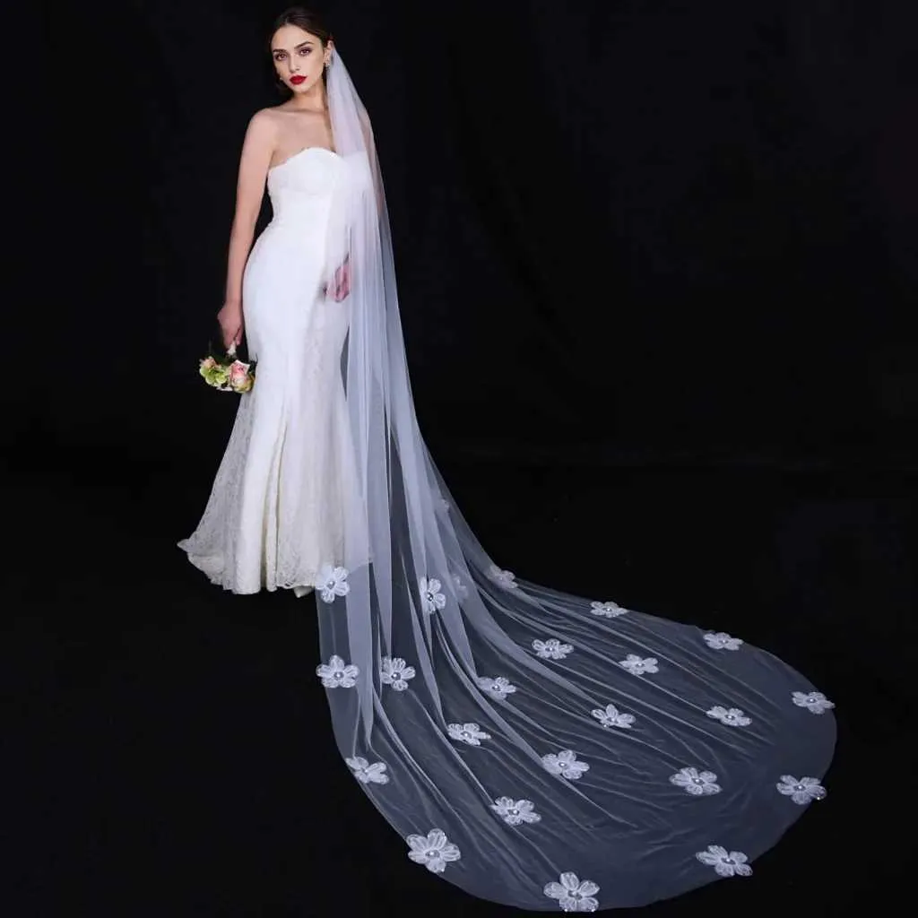 Hair Jewelry V202 Long Bridal Veils for a Fairy Tale Look Romantic Cathedral Length Veil with 3D Flower Beads Wedding_voghion.com