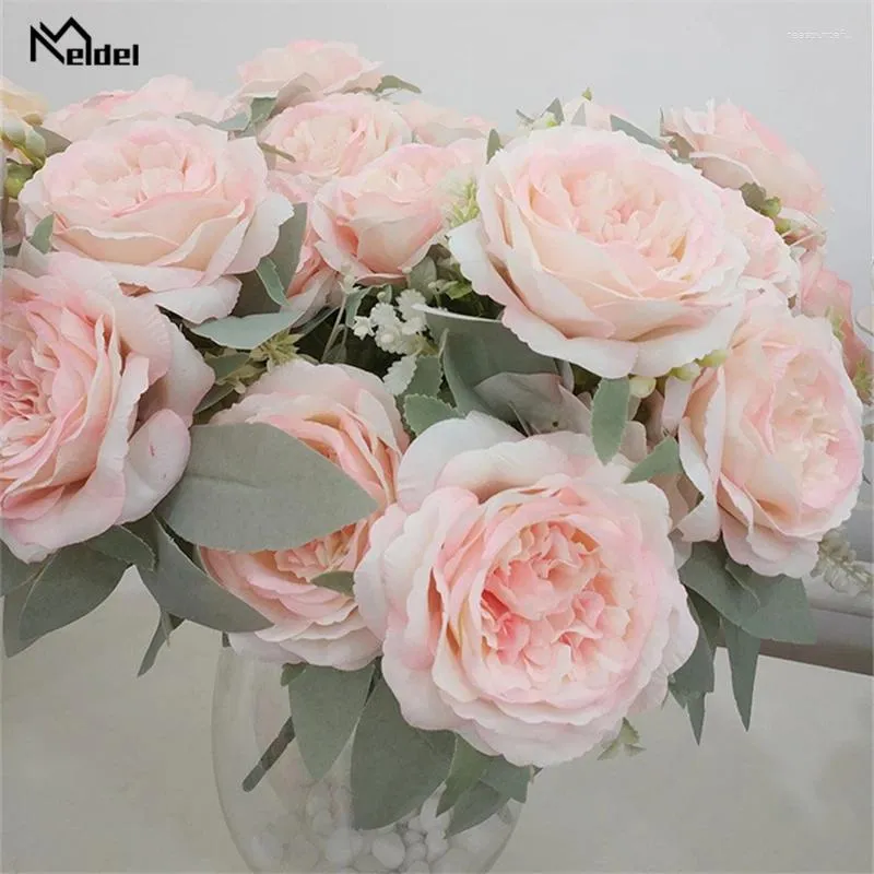 Fiori decorativi Meldel Bruppo di fiori artificiali 6 teste Disposizione peonia di seta Champagne Bridesmaids Mini bouquet decorazioni da tavolo per feste domestiche