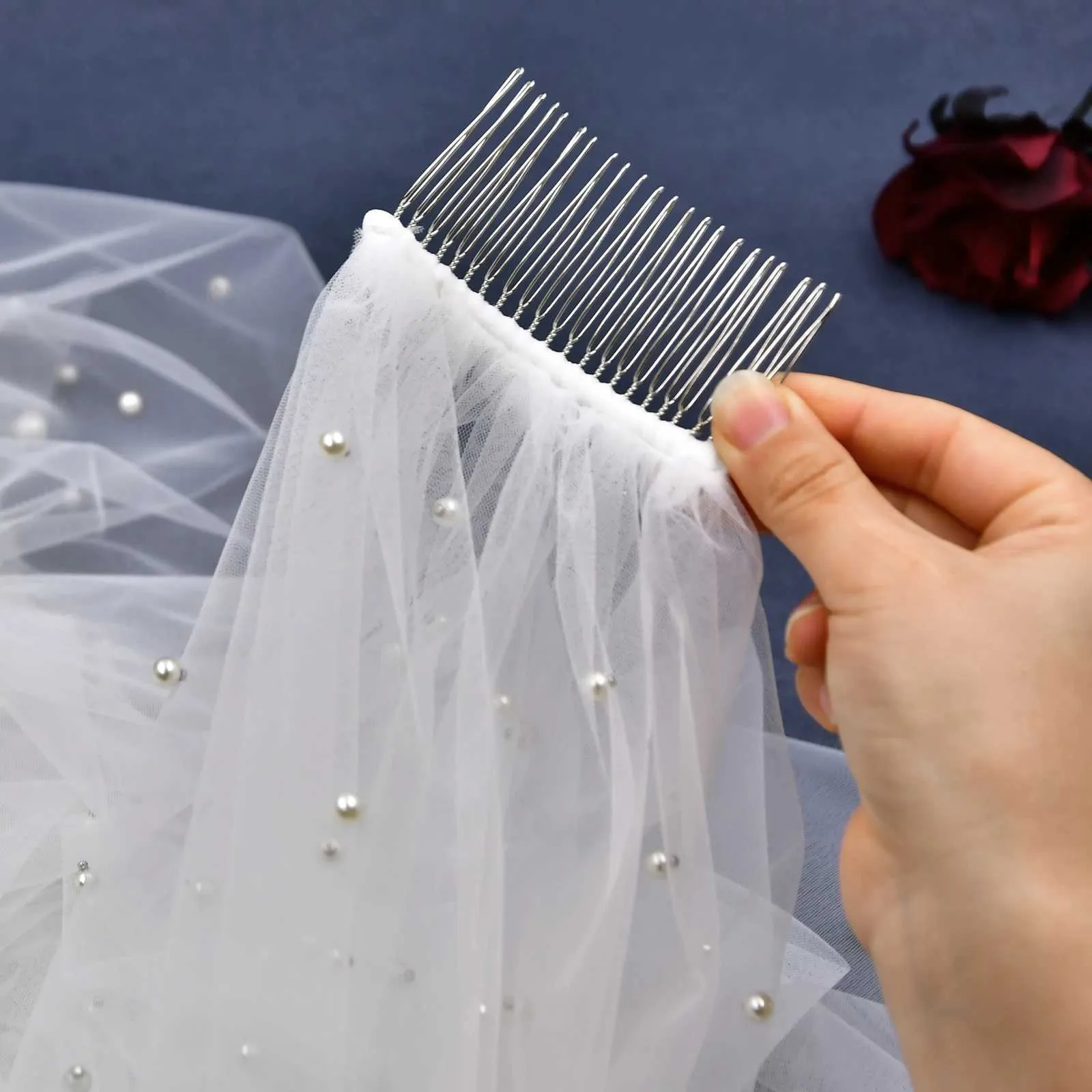 Gioielli per capelli Veli di perle eleganti Pettine piatto liscio Velo da sposa Perline miste 1 livello Bordo tagliato Velato lungo da donna da sposa_voghion.com