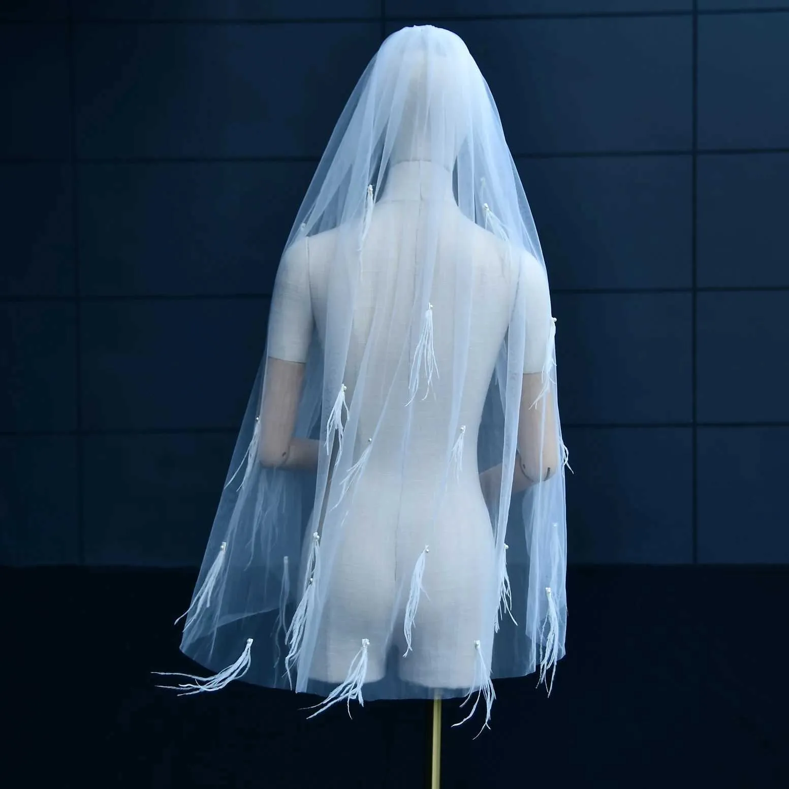 Brautschleier Mit Perlen Und Federn Aus Tüll Für Die Hochzeit_voghion.com