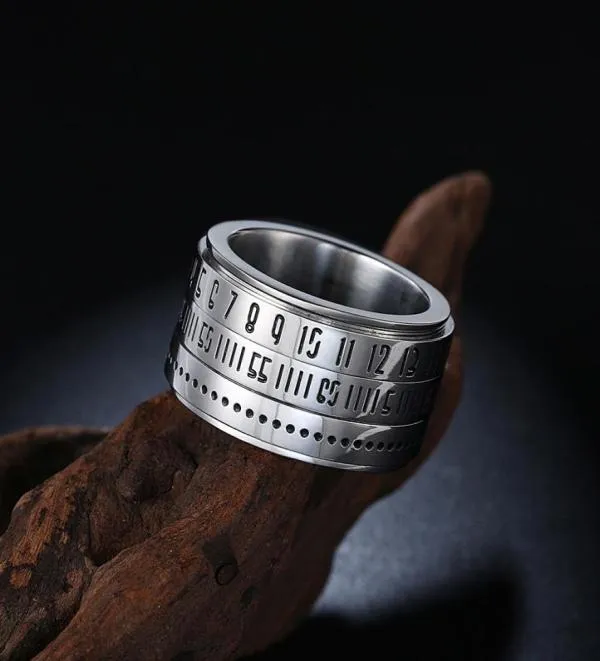 Punkowy Pierścień Pierścień ze stali nierdzewnej Men039s Men039s może obrócić rzymski cyfrowy pierścień hasła srebrne pierścienie dla mężczyzn biżuterii 8850492