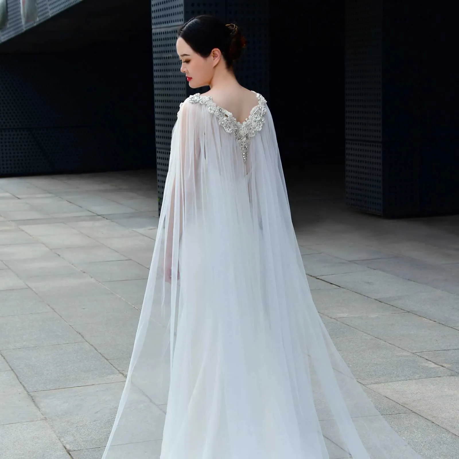 Long Bridal Cape Veil With 3d Flowers Elegant Wedding Shawl_voghion.com