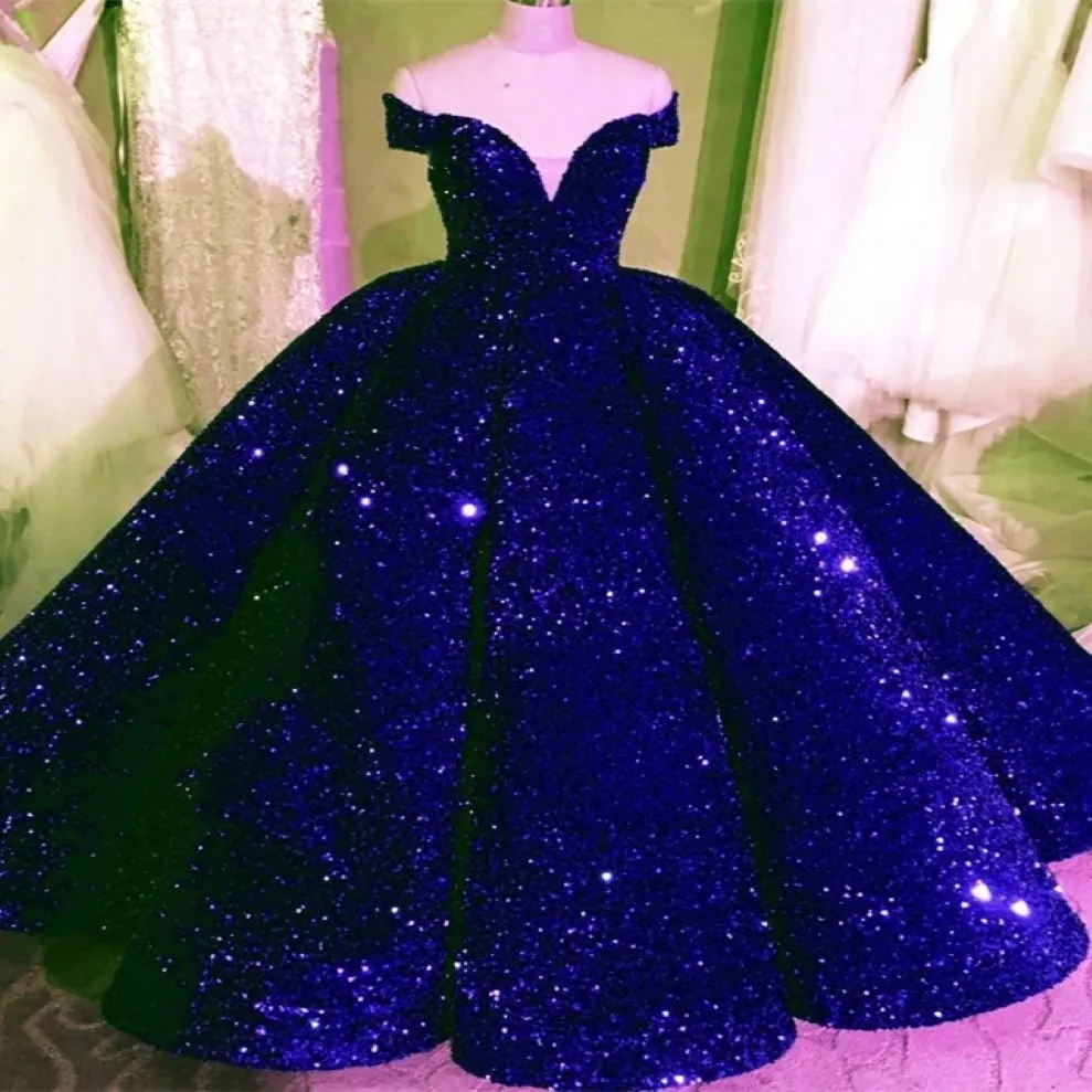 Królewska Niebieska cekinowa suknia balowa sukienki Quinceanera Sexy v szyja glitter cekinów balowa sukienka puchowa tiul impreza vestidos de quincea ep. 242L