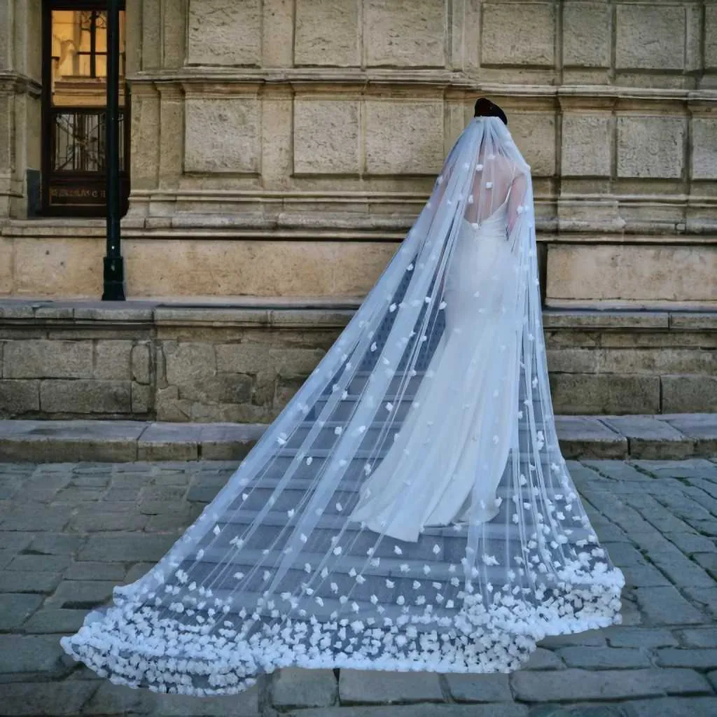 Hair Jewelry 3D Flowers Bridal Long Cathedral 1 Layer Soft Wide Veil with Comb Wedding Accessories for Bride V93_voghion.com