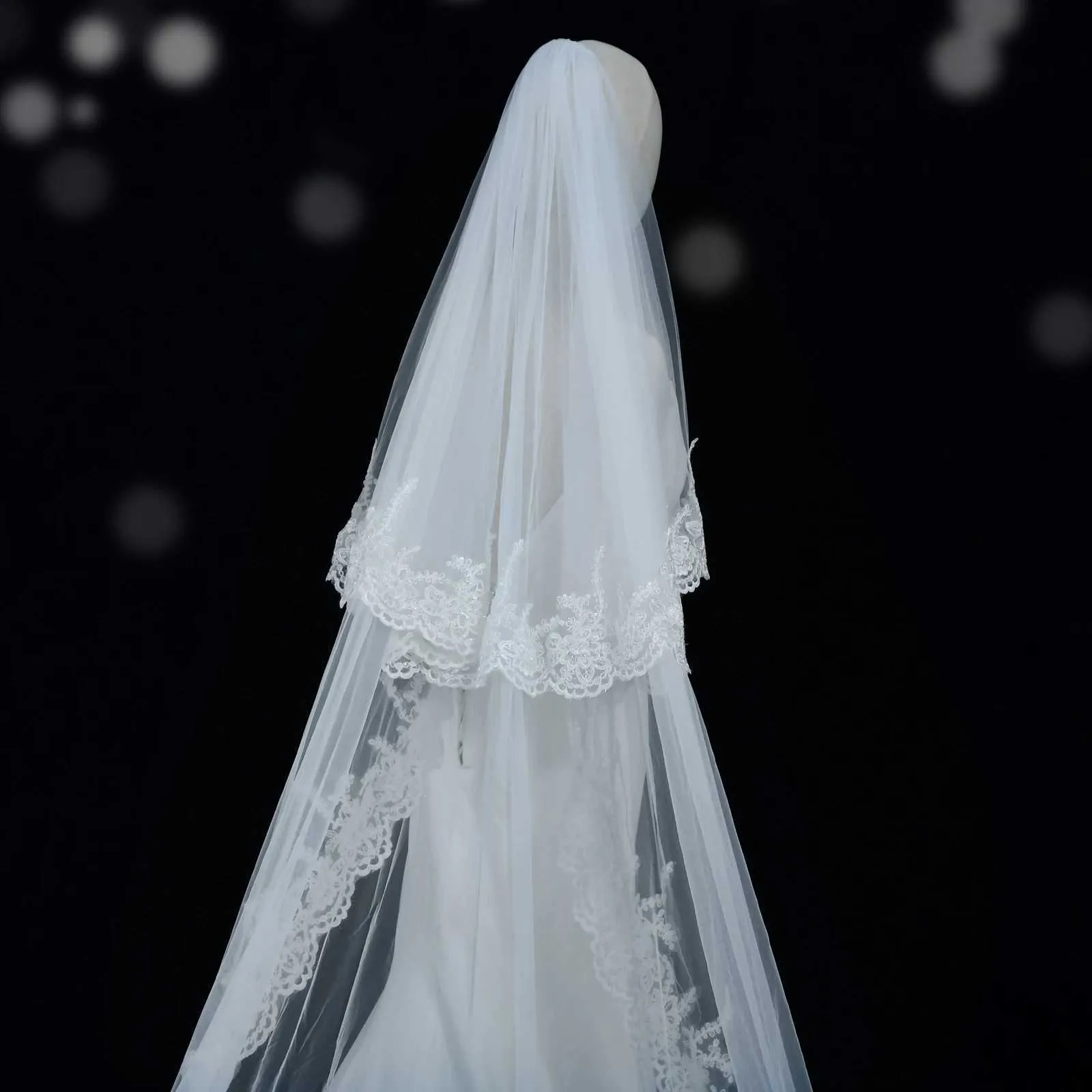 Langer Kathedralen Brautschleier Mit Spitzenbesatz Und Blusher_voghion.com