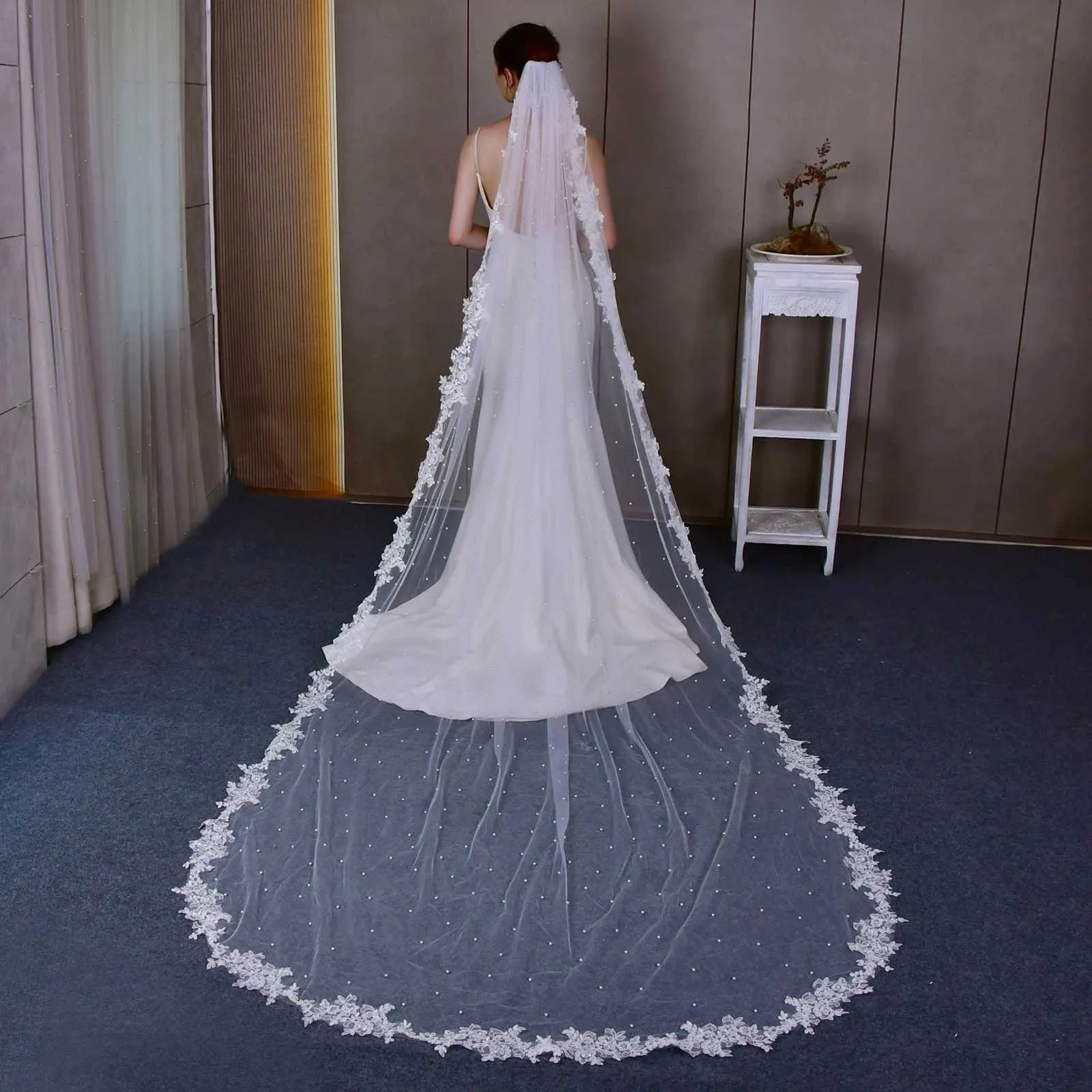 Hochzeitsschleier Mit Perlen Und Spitzenkante Und Kamm_voghion.com