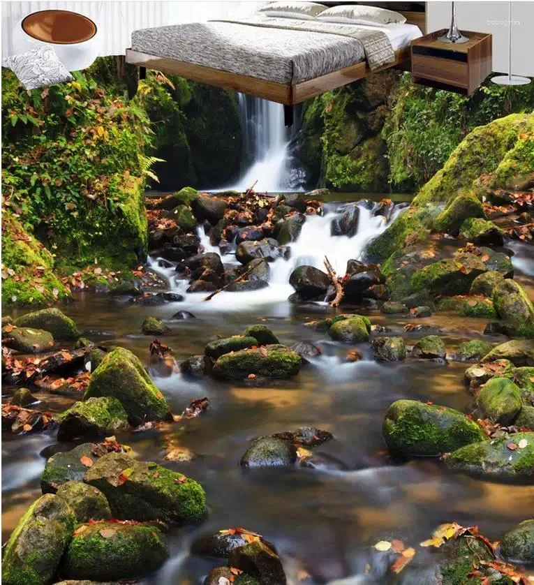 Bakgrundsbilder 3D Waterfall Stream River Stone Floor Tiles Stereoskopisk tapetmålning