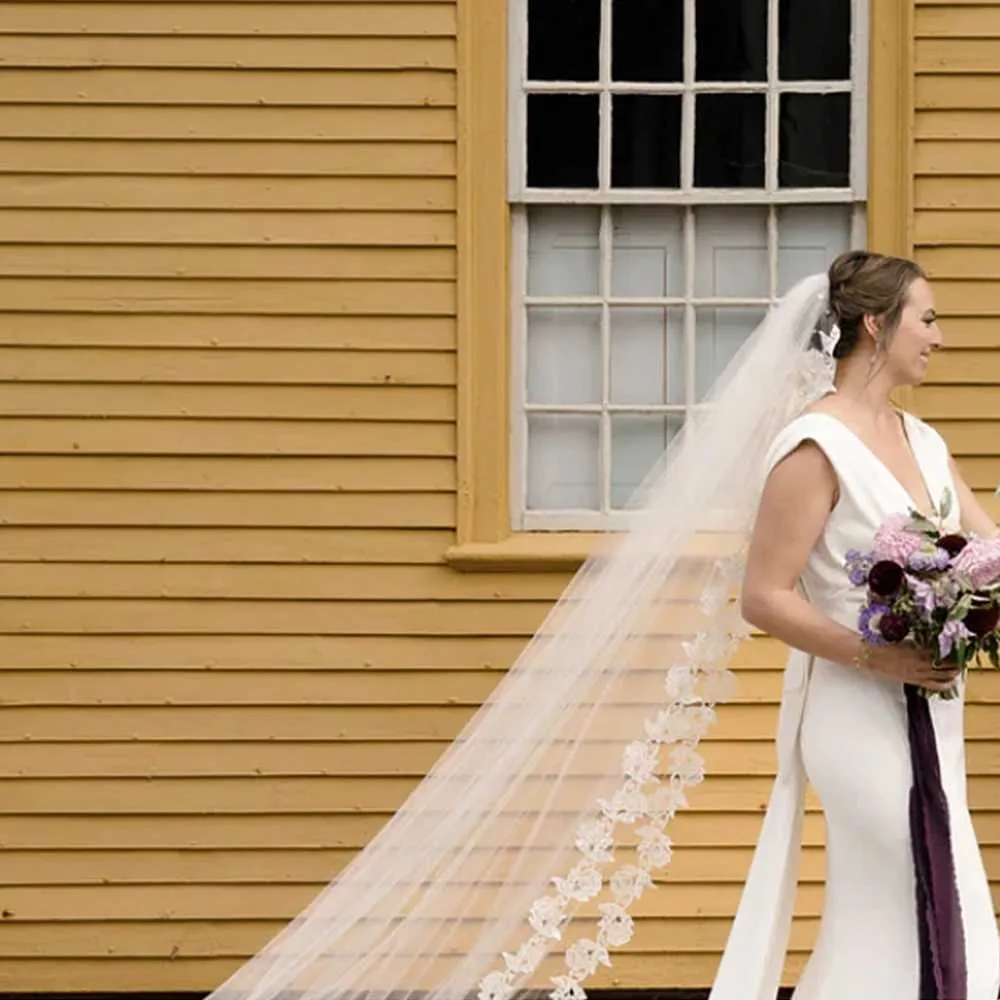 Bijoux de cheveux longs voiles de mariée avec peigne voile à 1 niveau bord festonné bordure en dentelle longueur cathédrale accessoires de mariage pour_voghion.com