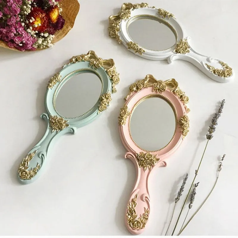 Creative Handheld Retro Makeup Vanity Hand Mirror Spa Salon Cosmetic Compact Mirror Desktop Makeup Tools