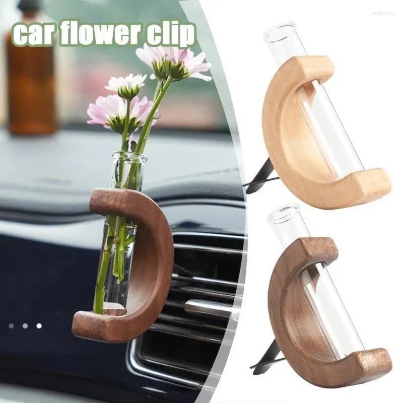 Vasen Auto Blume Vase Clip Glassrohr Holzbasis Autoluftentlüftungshalter für frische Pflanzen Innenzubehör Ornament