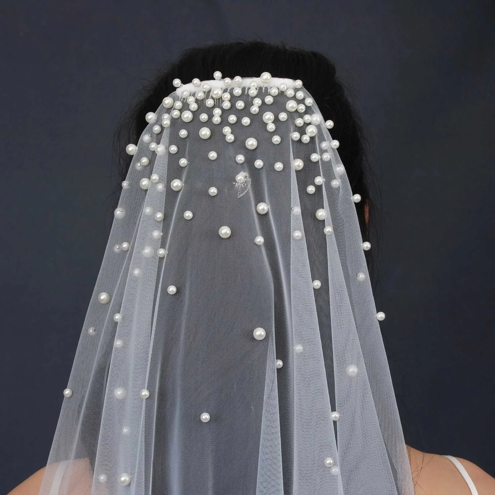 Schmuck V180 Perlen Brautschleier 1 Ebenen Schleier Farbverlauf Perlen Haarschmuck Bräute Hochzeit Mantilla für die Kirche_voghion.com