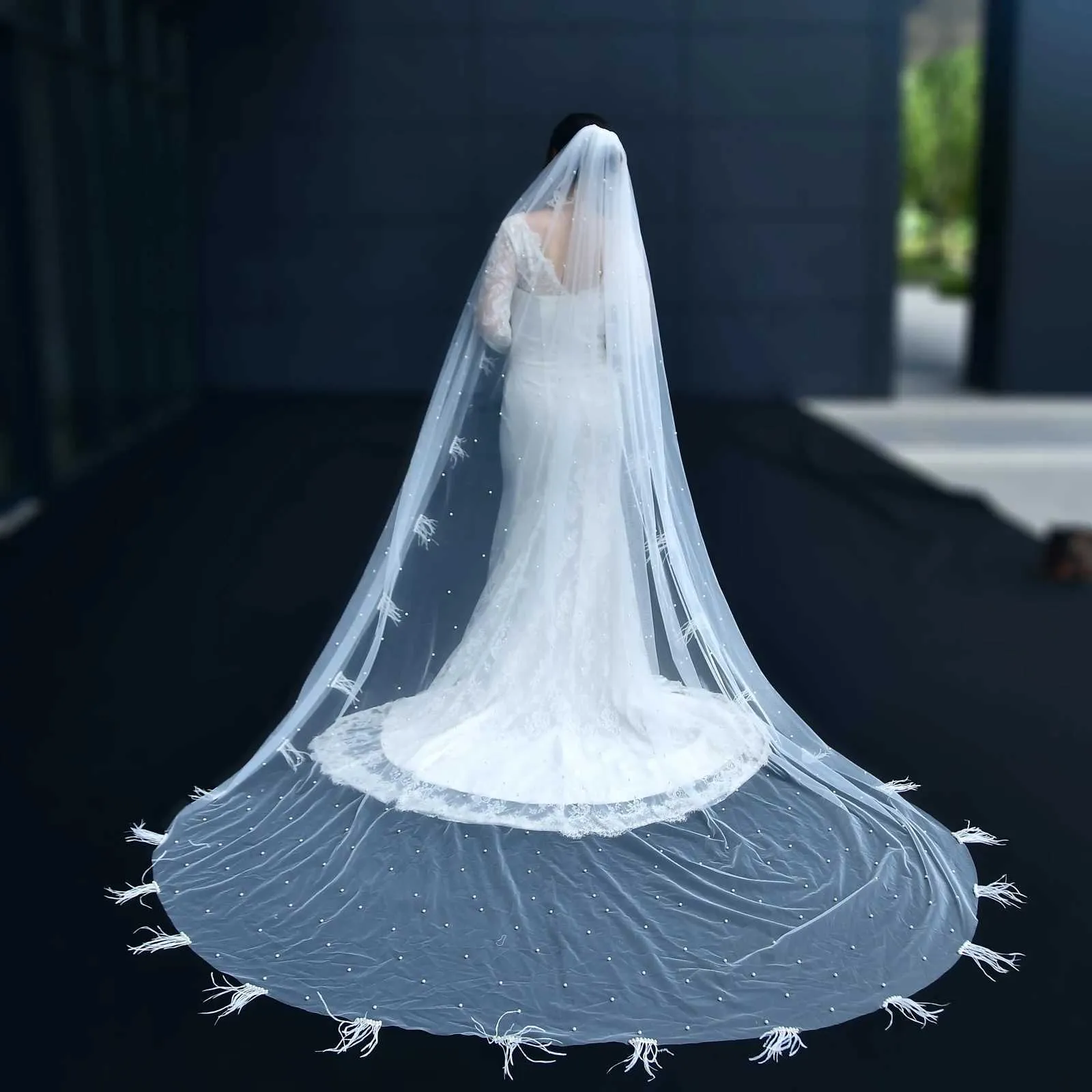 Bridal Veil Cathedral 1 Tier With Feather Beading For Wedding_voghion.com