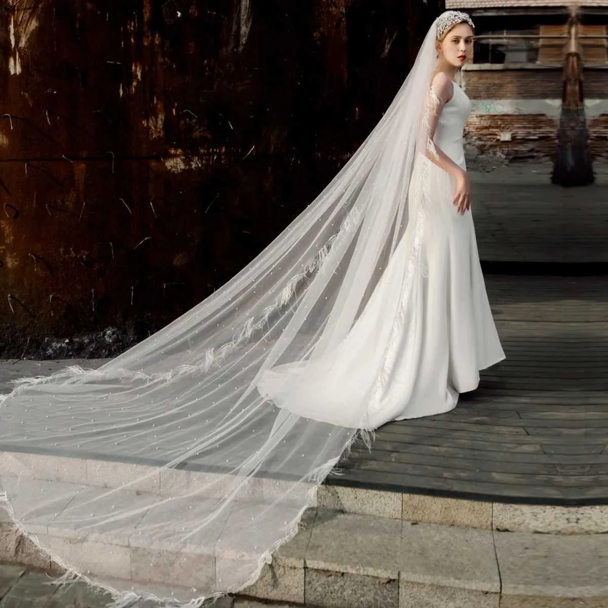 Bridal Veil Cathedral 1 Tier With Feather Beading For Wedding_voghion.com