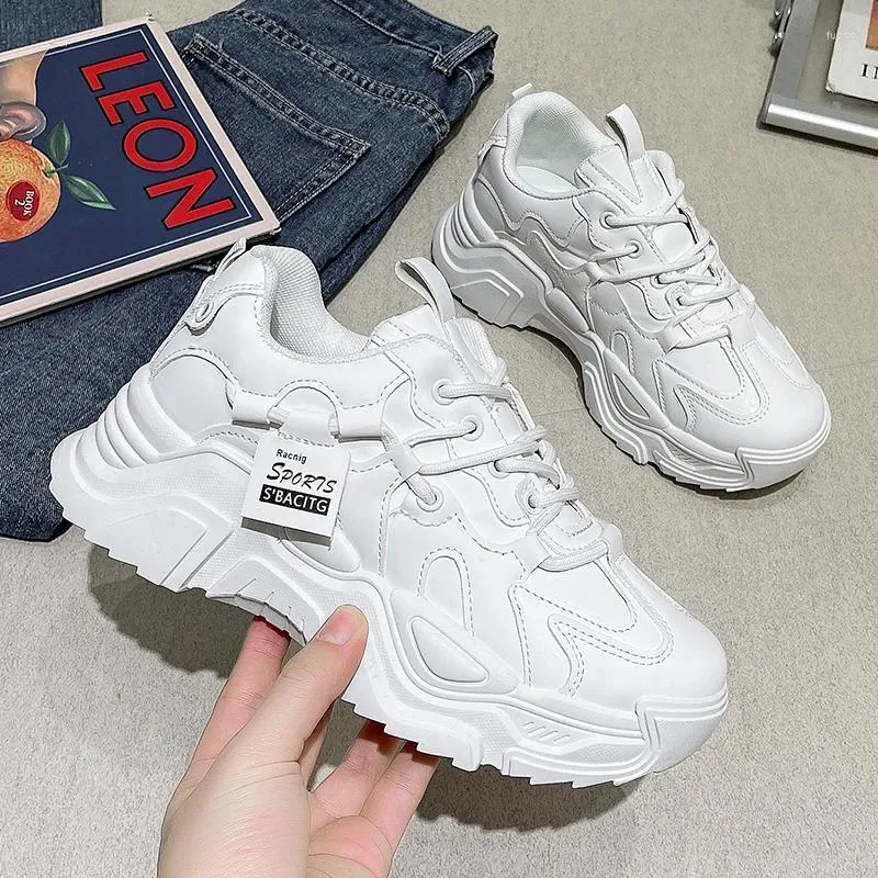 Casual Shoes Flat Platform Women Leisure Chunky Sneakers Leather High Heels Round Toe Lace Up Solid Vulcanize Plus Size