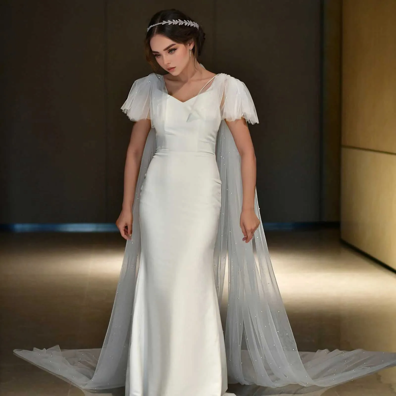 Haarsieraden MZB22 Elegante bruidssluier met vleugels Sexy haltercape Parels Bruiloftsmantel Bolero Plus Size Damesfeest_voghion.com