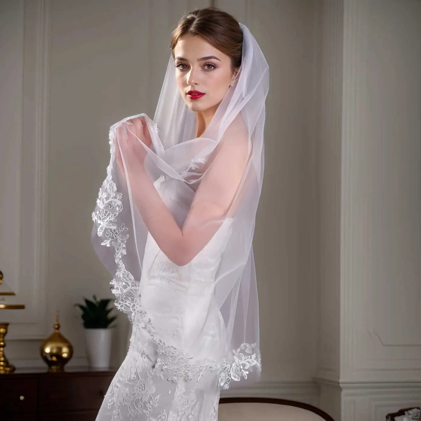 Bijoux de cheveux V47 Voiles de mariée courts Bord cathédrale Longueur Voile de mariage avec peigne Bordure en dentelle florale françaiseNuptiale_voghion.com