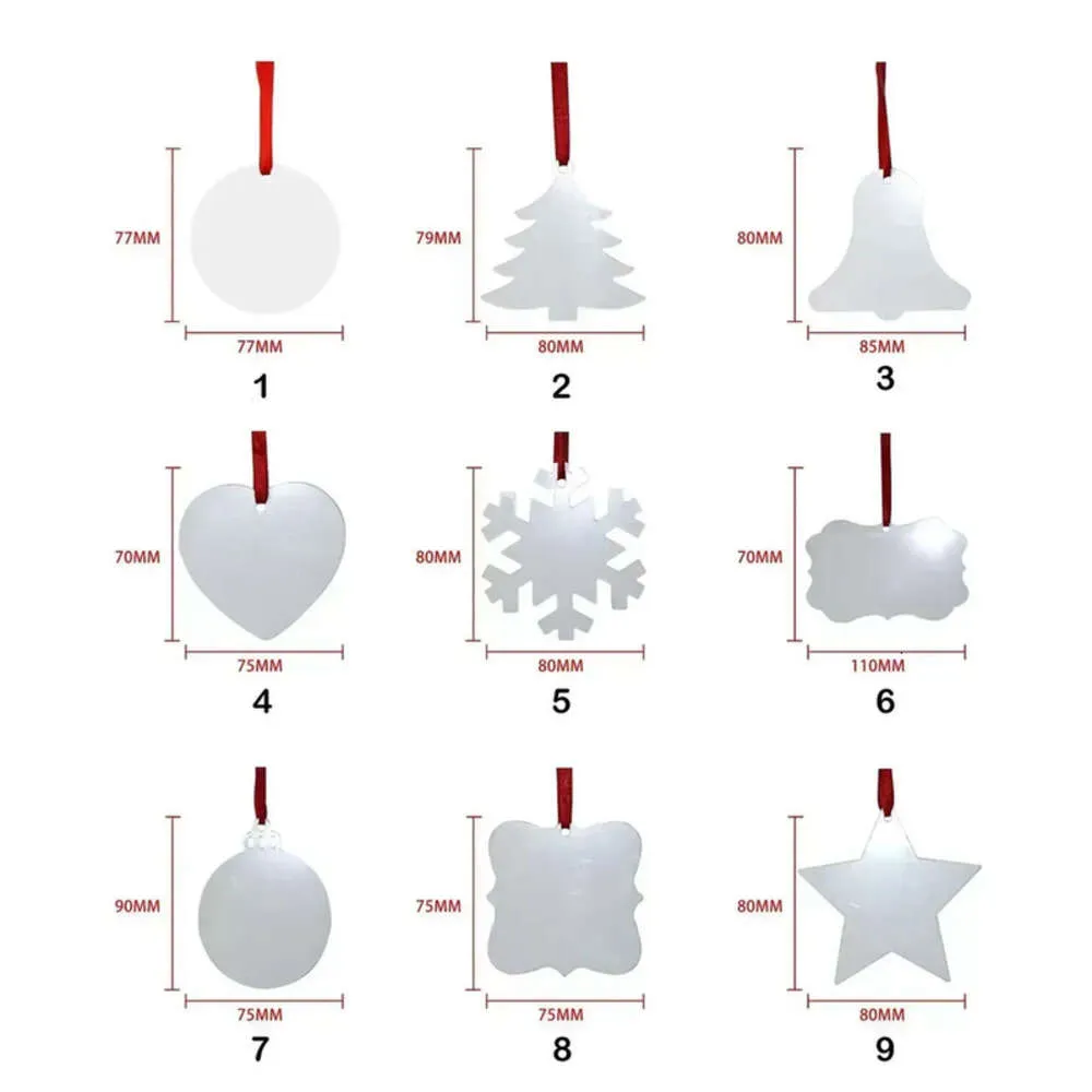 Julprydnad dubbelsidig sublimering Xmas Blank Tree Pendant Multi Shape Aluminium Plate Metal Hanging Tag Holidays Decoration Craft 0618