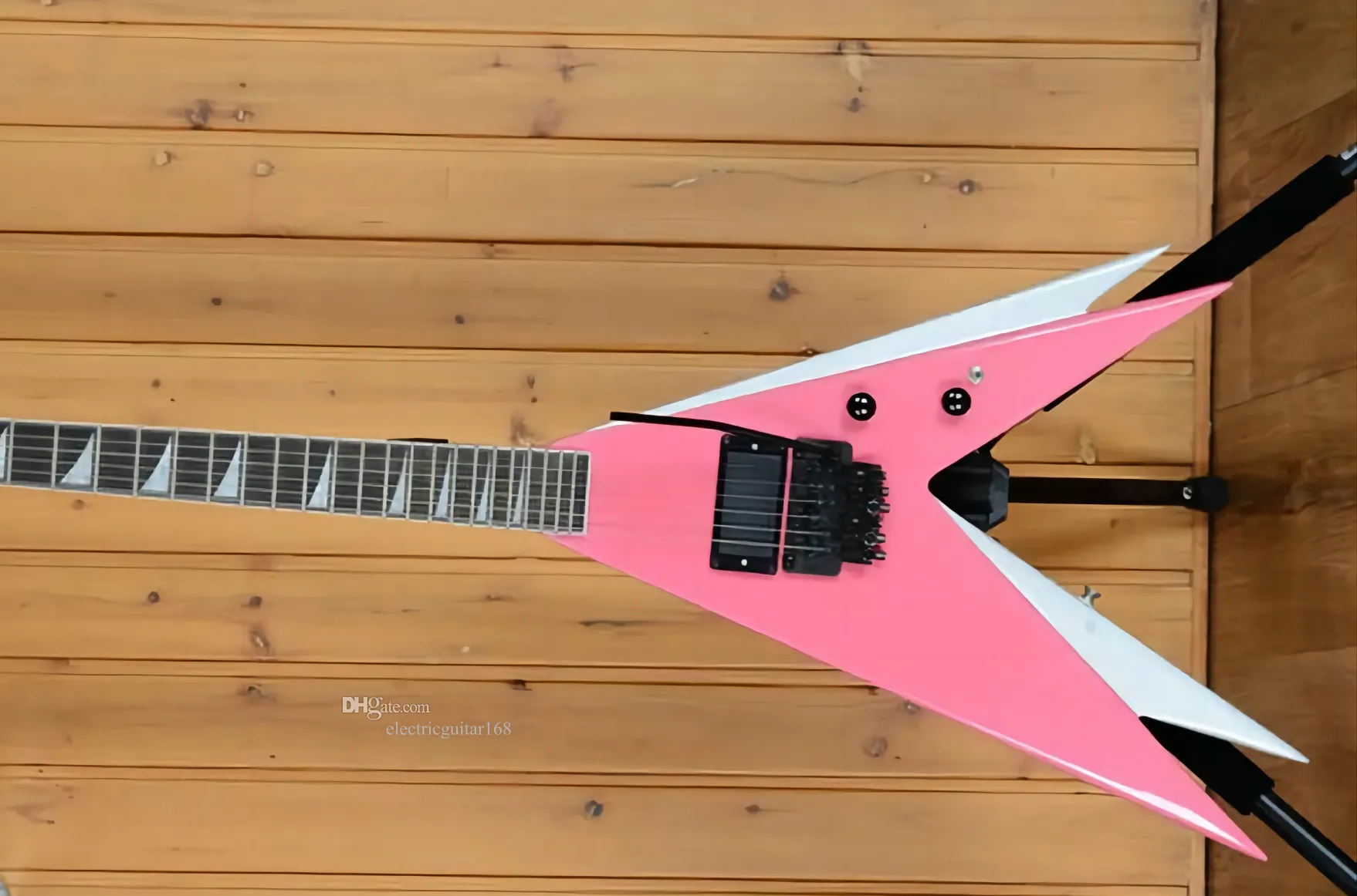 HOT RARO Vinnie Vincent Flying V Double V Pink White Electric Guitar, Floyd Rose Tremolo, Tarbar