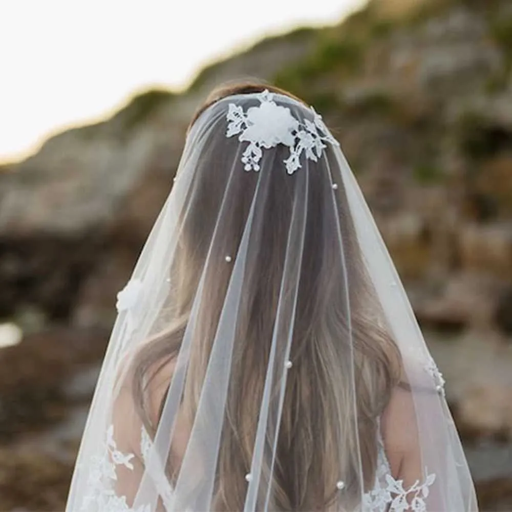 Gioielli per capelli 3D Fiori Veli da sposa Perle Velo 1 strato Lungo Cattedrale veu con pettine Accessori da sposa per la sposa VP56_voghion.com