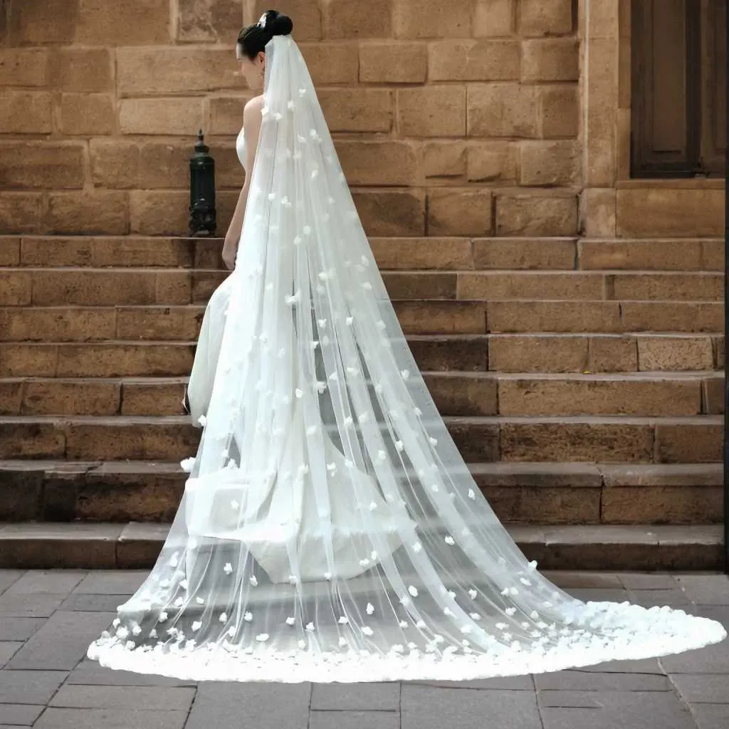 Hair Jewelry 3D Flowers Bridal Long Cathedral 1 Layer Soft Wide Veil with Comb Wedding Accessories for Bride V93_voghion.com