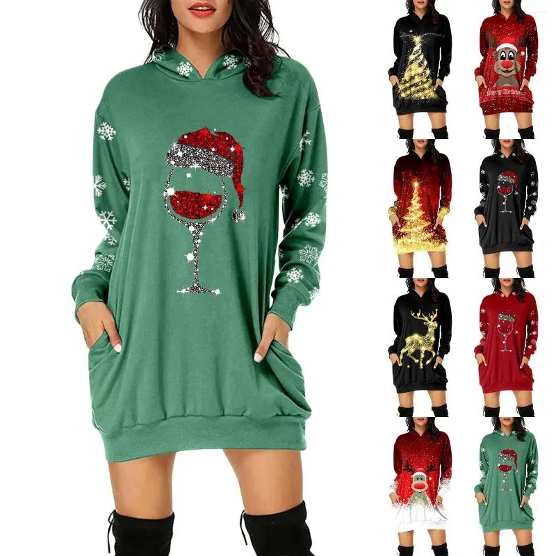 Casual Dresses Christmas Elk Print tröjor Shirts Fashion Carnival Party Female Clothes Sweater Dress Roliga mönster Kvinnors huvtröjor